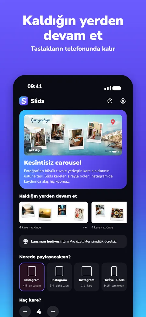 Slids ana sayfası: Nerede paylaşacaksın bölümünde Instagram 4:5, 3:4, 1:1 ve Hikâye 9:16 formatları