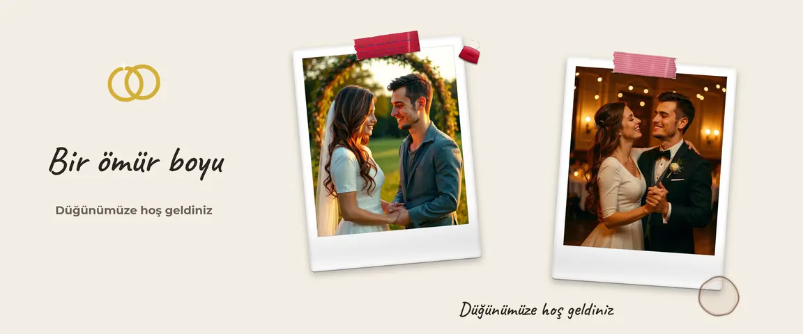 Düğün carousel’i: krem zemin üzerinde polaroidler ve alyans