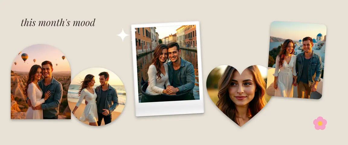 A moodboard carousel: photos in different frame shapes spread across the slides