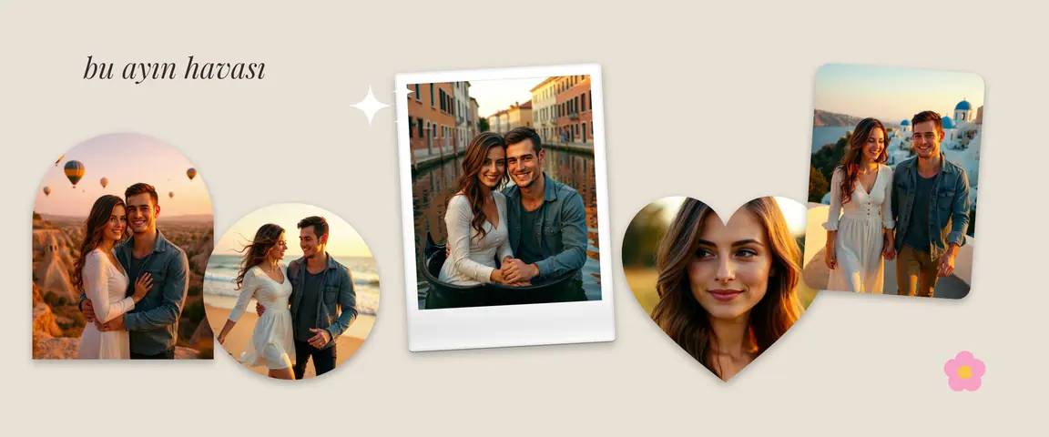 Moodboard carousel’i: farklı şekillerde çerçevelenmiş fotoğraflar kareler arasında dağılıyor
