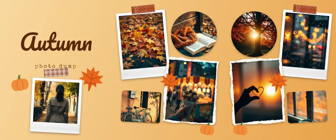 An autumn photo dump: polaroids, torn paper and leaves flow across three slide borders