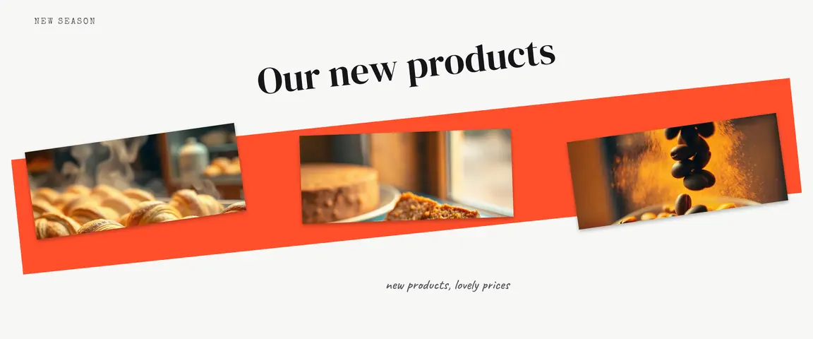 A new products carousel: a diagonal band leads from the cover slide to the product photos